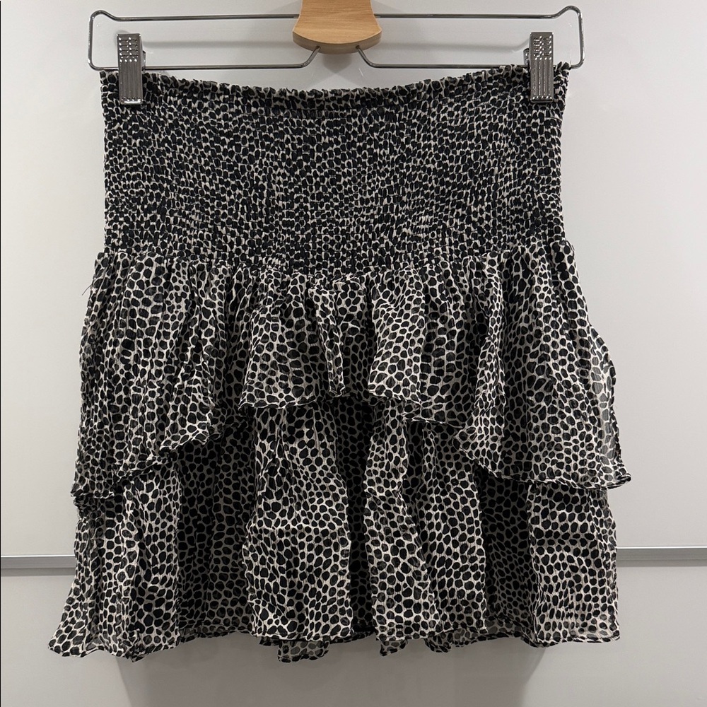 Ramy Brook Printed Daria Black & White Leopard-Spot Smocked Ruffle Mini Skirt